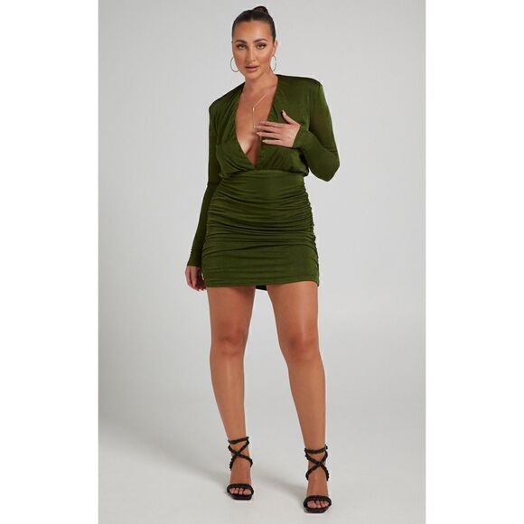 NWT Showpo Kaitie Mini Deep V Open Front Ruched Dress in Khaki, Size 4 - Picture 3 of 16